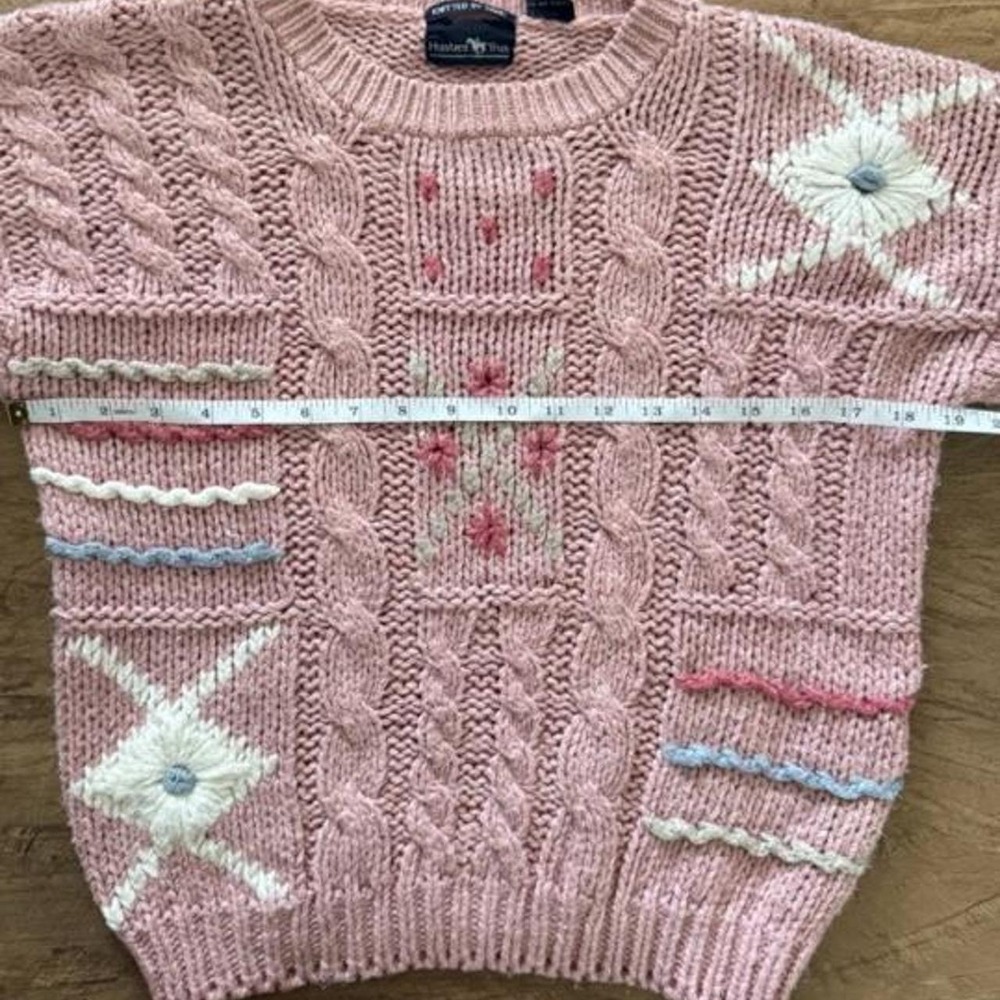 Vintage Hunters Run Hand Knit Sweater Pink Floral Cable Knit Ramie Cotton - Picture 2 of 8